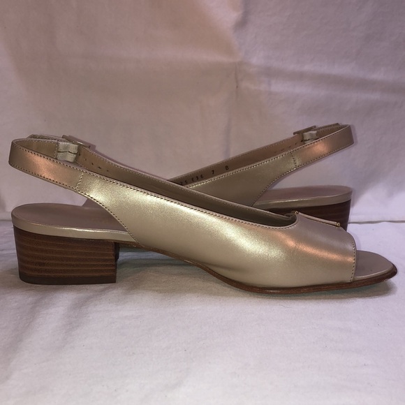 Salvatore Ferragamo “Balzac” Gazella/Gold Satin Finish Calf, 1.5” Heel, Open Toe - Picture 6 of 15